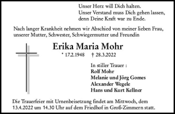 Traueranzeige von Erika Maria Mohr von vrm-trauer DieburgerAnzeiger/Groß-Zimmerner Lokala