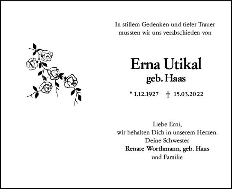  Traueranzeige für Erna Utikal vom 09.04.2022 aus vrm-trauer Wiesbadener Kurier