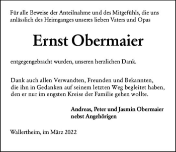 Traueranzeige von Ernst Obermaier von vrm-trauer Allgemeine Zeitung Alzey
