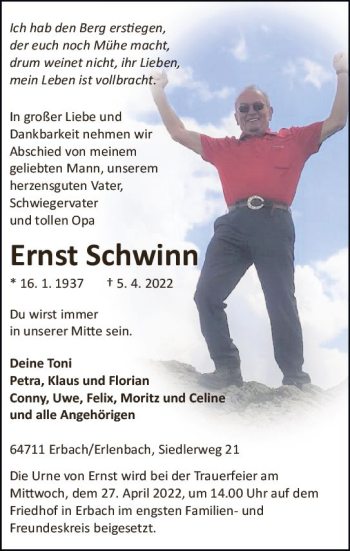 Traueranzeige von Ernst Schwinn von vrm-trauer Odenwälder Echo