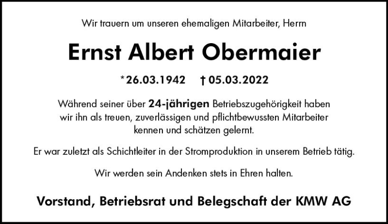  Traueranzeige für Ernst Albert Obermaier vom 02.04.2022 aus vrm-trauer Allg. Zeitung Bad Kreuznach