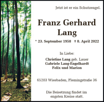 Traueranzeige von Franz Gerhard Lang von vrm-trauer Wiesbadener Kurier