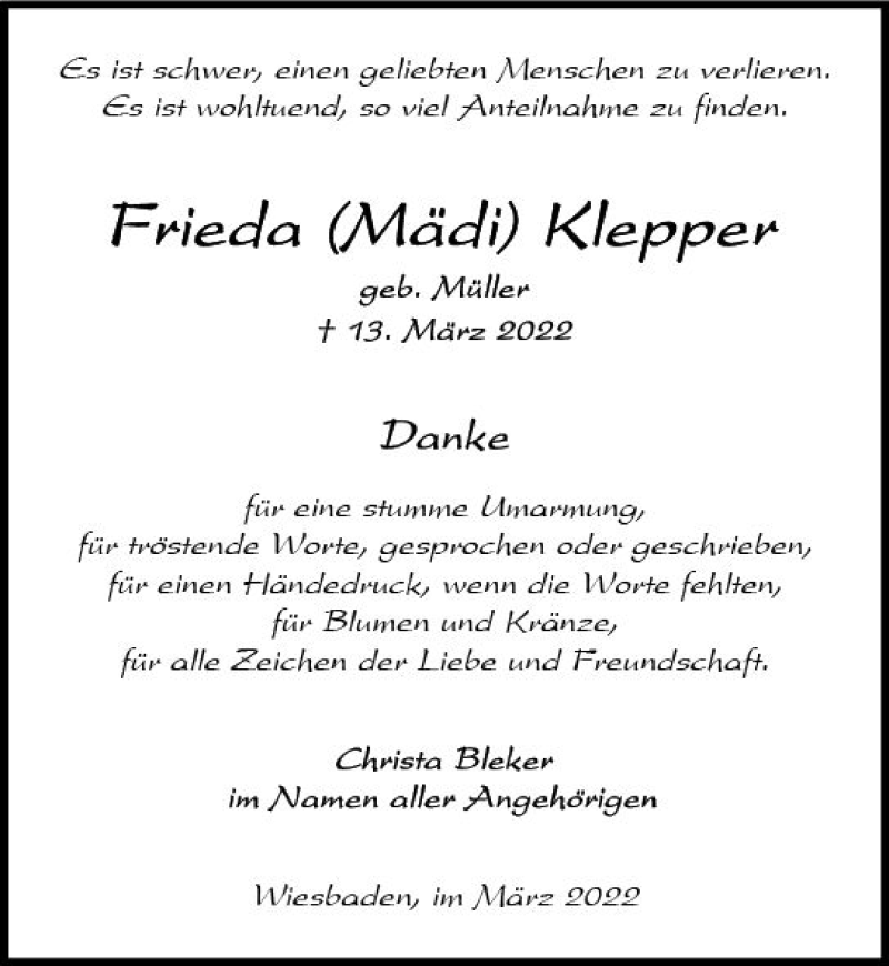  Traueranzeige für Frieda Klepper vom 02.04.2022 aus vrm-trauer Wiesbadener Kurier