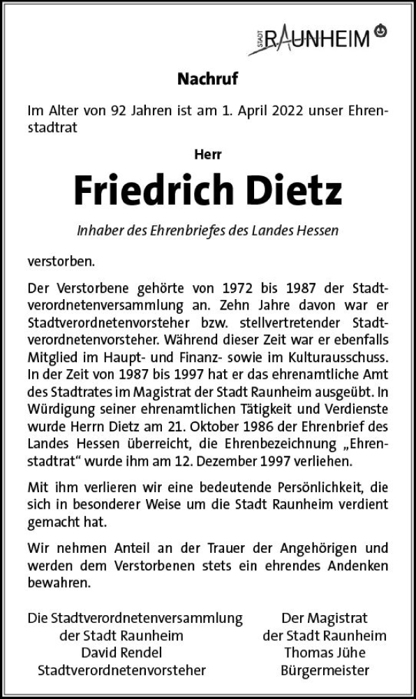  Traueranzeige für Friedrich Dietz vom 07.04.2022 aus vrm-trauer Rüsselsheimer Echo / MainSpitze