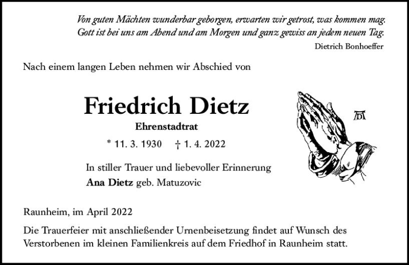  Traueranzeige für Friedrich Dietz vom 09.04.2022 aus vrm-trauer Rüsselsheimer Echo / MainSpitze