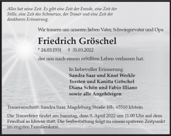 Traueranzeige von Friedrich Gröschel von vrm-trauer Wiesbadener Kurier