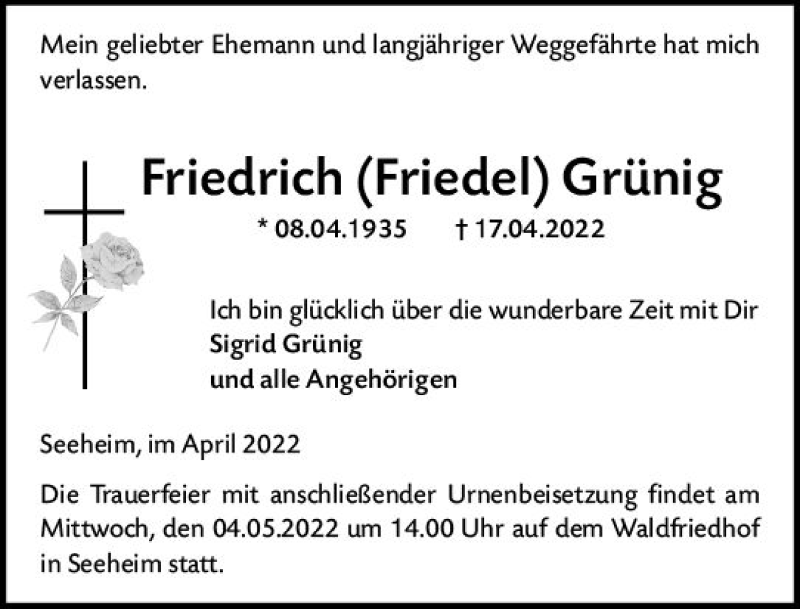  Traueranzeige für Friedrich Grünig vom 23.04.2022 aus vrm-trauer Darmstädter Echo