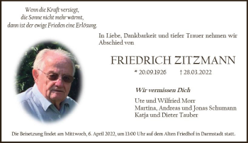 Traueranzeige von Friedrich Zitzmann von vrm-trauer Darmstädter Echo