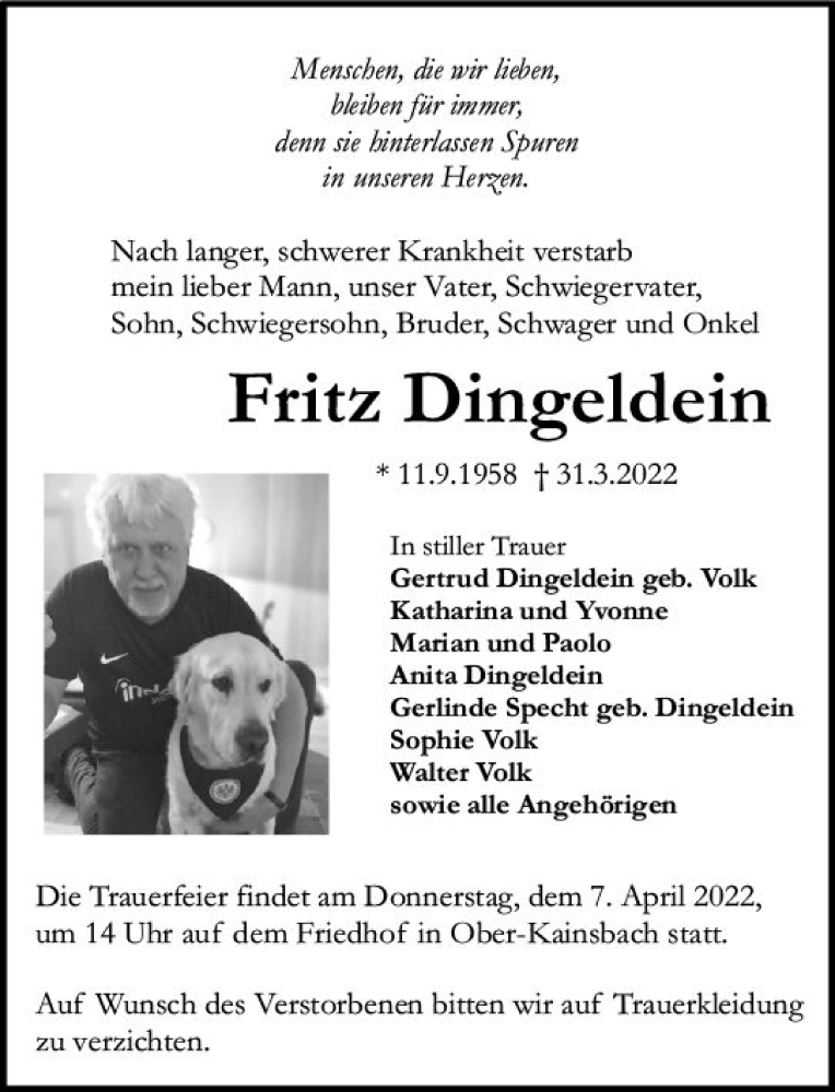  Traueranzeige für Fritz Dingeldein vom 02.04.2022 aus vrm-trauer Odenwälder Echo