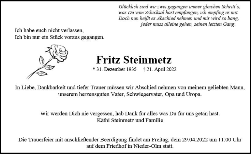  Traueranzeige für Fritz Steinmetz vom 23.04.2022 aus vrm-trauer AZ Mainz