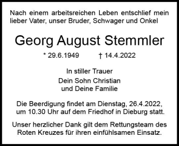 Traueranzeige von Georg August Stemmler von vrm-trauer DieburgerAnzeiger/Groß-Zimmerner Lokala