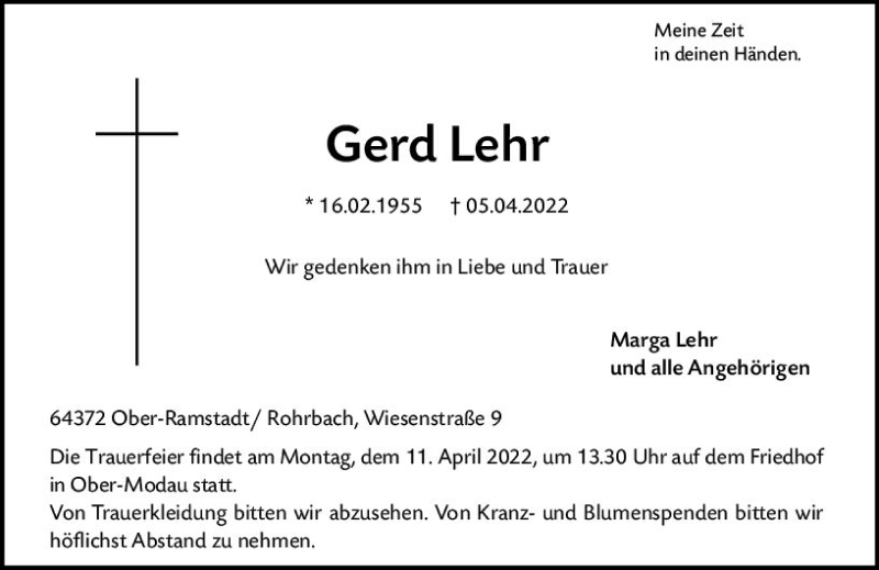  Traueranzeige für Gerd Lehr vom 09.04.2022 aus vrm-trauer Darmstädter Echo