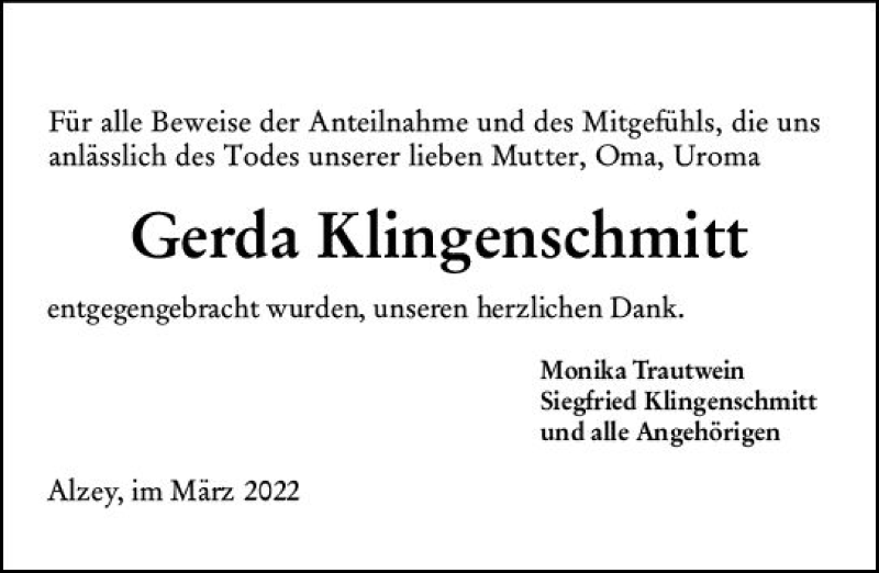  Traueranzeige für Gerda Klingenschmitt vom 05.04.2022 aus vrm-trauer Allgemeine Zeitung Alzey