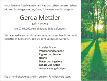 Traueranzeige von Gerda Metzler von vrm-trauer Darmstädter Echo