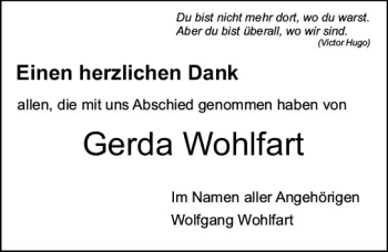 Traueranzeige von Gerda Wohlfart von vrm-trauer Bürstädter/Lamperth. Ztg/Starkenburger