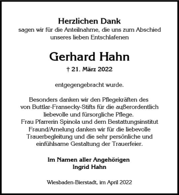 Traueranzeige von Gerhard Hahn von vrm-trauer Wiesbadener Kurier