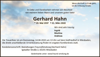 Traueranzeige von Gerhard Hahn von vrm-trauer Wiesbadener Kurier