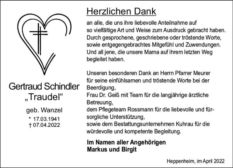  Traueranzeige für Gertraud Schindler vom 30.04.2022 aus vrm-trauer Bürstädter/Lamperth. Ztg/Starkenburger