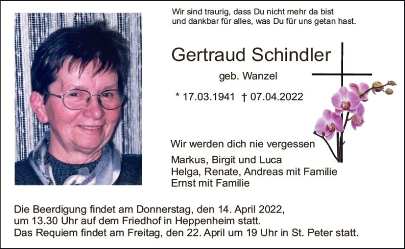  Traueranzeige für Gertraud Schindler vom 09.04.2022 aus vrm-trauer Bürstädter/Lamperth. Ztg/Starkenburger
