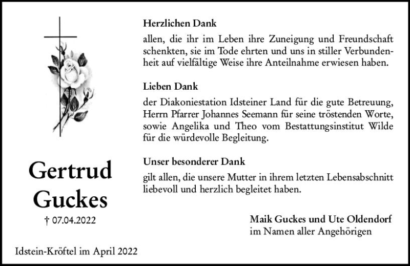  Traueranzeige für Gertrud Guckes vom 30.04.2022 aus vrm-trauer Idsteiner Zeitung