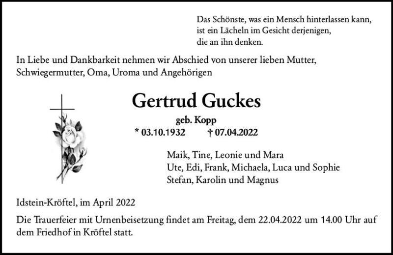  Traueranzeige für Gertrud Guckes vom 19.04.2022 aus vrm-trauer Idsteiner Zeitung