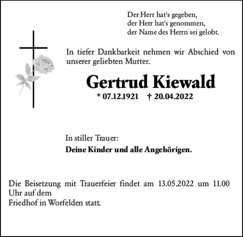  Traueranzeige für Gertrud Kiewald vom 25.04.2022 aus vrm-trauer Groß-Gerauer Echo