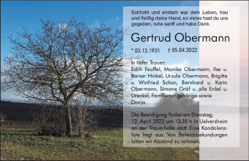 Traueranzeige von Gertrud Obermann von vrm-trauer AZ Mainz
