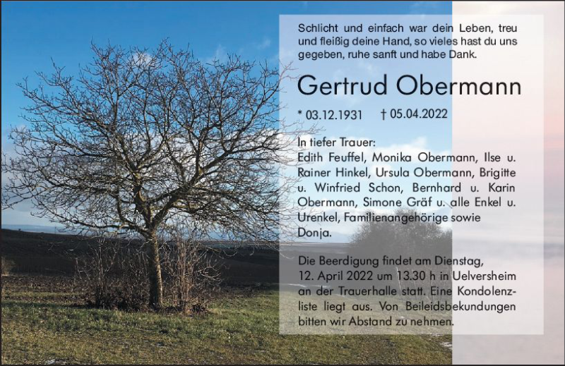  Traueranzeige für Gertrud Obermann vom 09.04.2022 aus vrm-trauer AZ Mainz