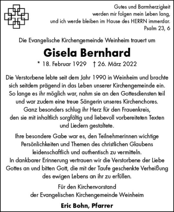 Traueranzeige von Gisela Bernhard von vrm-trauer Allgemeine Zeitung Alzey