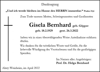 Traueranzeige von Gisela Bernhard von vrm-trauer Allgemeine Zeitung Alzey