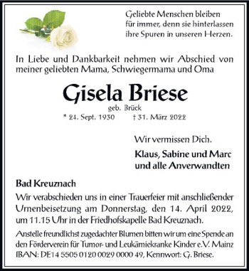 Traueranzeige von Gisela Briese von vrm-trauer Allg. Zeitung Bad Kreuznach