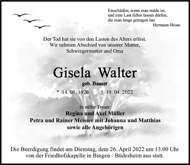  Traueranzeige für Gisela Walter vom 23.04.2022 aus vrm-trauer Allgemeine  Zeitung Ingelheim-Bingen