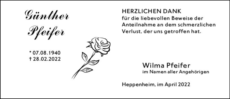  Traueranzeige für Günther Pfeifer vom 09.04.2022 aus vrm-trauer Bürstädter/Lamperth. Ztg/Starkenburger