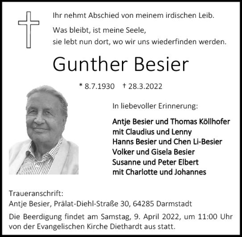  Traueranzeige für Gunther Besier vom 02.04.2022 aus vrm-trauer Wiesbadener Kurier