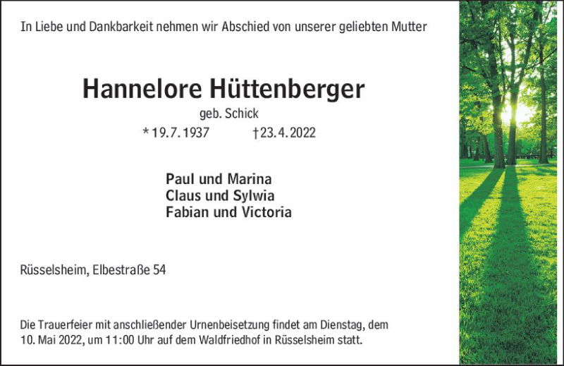  Traueranzeige für Hannelore Hüttenberger vom 30.04.2022 aus vrm-trauer Rüsselsheimer Echo / MainSpitze