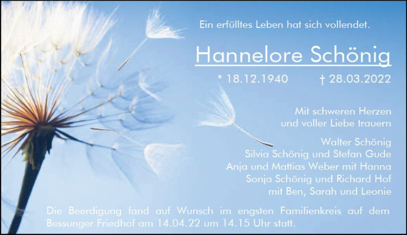  Traueranzeige für Hannelore Schönig vom 16.04.2022 aus vrm-trauer Darmstädter Echo