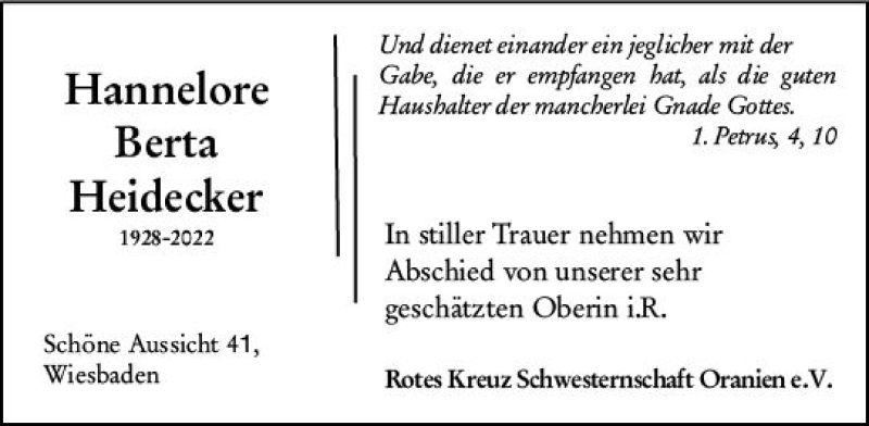  Traueranzeige für Hannelore Berta Heidecker vom 28.04.2022 aus vrm-trauer Wiesbadener Kurier