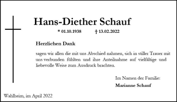 Traueranzeige von Hans-Diether Schauf von vrm-trauer Allgemeine Zeitung Alzey