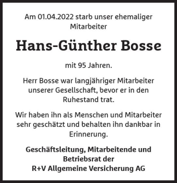 Traueranzeige von Hans-Günther Bosse von vrm-trauer Wiesbadener Kurier