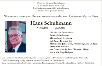 Traueranzeige von Hans Schuhmann von vrm-trauer Allgemeine Zeitung Alzey