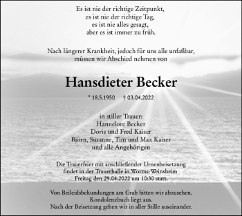 Traueranzeige von Hansdieter Becker von vrm-trauer Wormser Zeitung