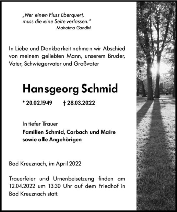 Traueranzeige von Hansgeorg Schmid von vrm-trauer Allg. Zeitung Bad Kreuznach