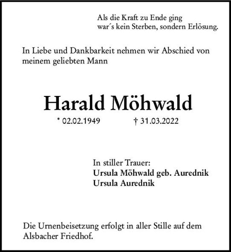 Traueranzeige für Harald Möhwald vom 09.04.2022 aus vrm-trauer Darmstädter Echo