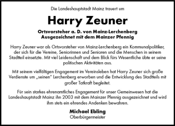 Traueranzeige von Harry Zeuner von vrm-trauer AZ Mainz