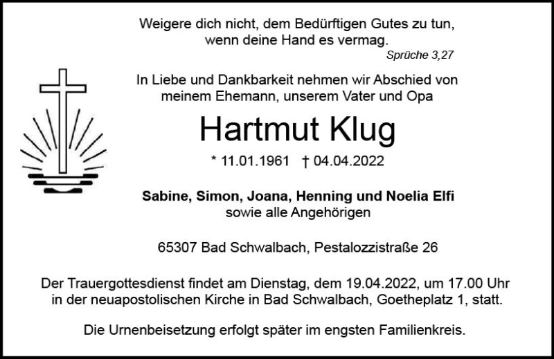  Traueranzeige für Hartmut Klug vom 09.04.2022 aus vrm-trauer Wiesbadener Kurier