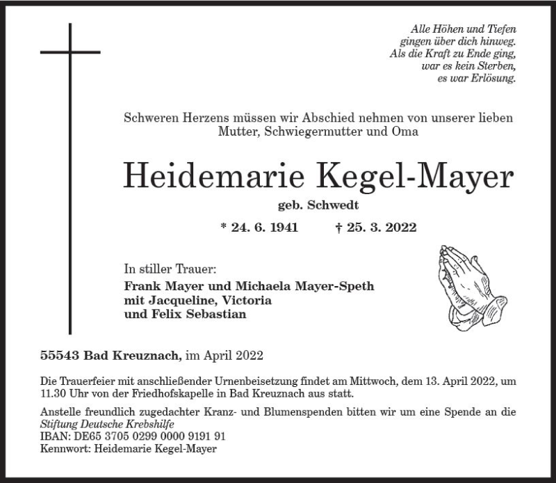  Traueranzeige für Heidemarie Kegel-Mayer vom 09.04.2022 aus vrm-trauer Allg. Zeitung Bad Kreuznach