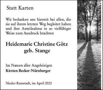 Traueranzeige von Heidemarie Christine Götz von vrm-trauer Darmstädter Echo