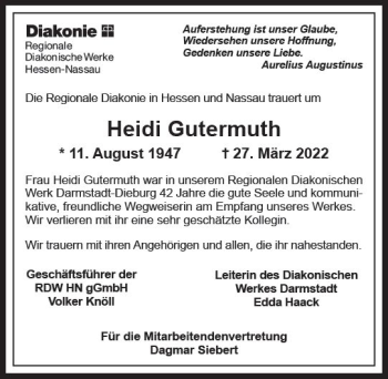 Traueranzeige von Heidi Gutermuth von vrm-trauer Darmstädter Echo
