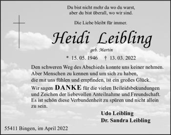 Traueranzeige von Heidi Leibling von vrm-trauer Allgemeine  Zeitung Ingelheim-Bingen