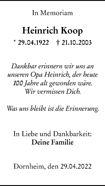 Traueranzeige von Heinrich Koop von vrm-trauer Groß-Gerauer Echo